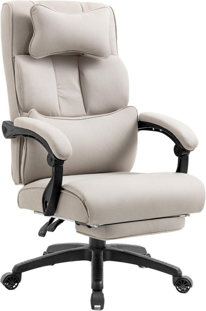 Ergonomischer Chefsessel mit Fußstütze und Armlehne, Stoff Beige