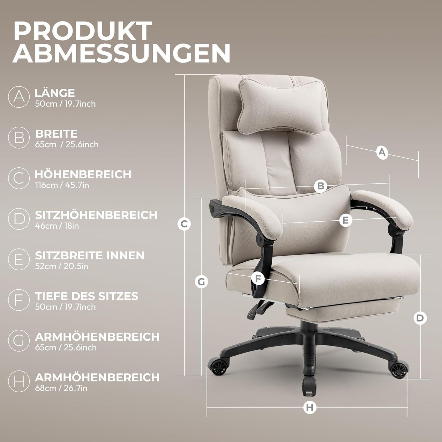 Ergonomischer Chefsessel mit Fußstütze und Armlehne, Stoff Beige