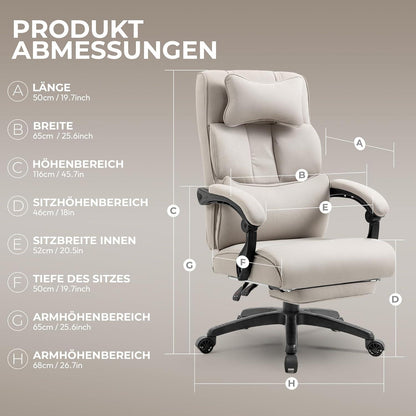Ergonomischer Chefsessel mit Fußstütze und Armlehne, Stoff Beige