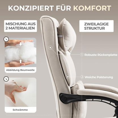 Ergonomischer Chefsessel mit Fußstütze und Armlehne, Bürostuhl Stoff Beige