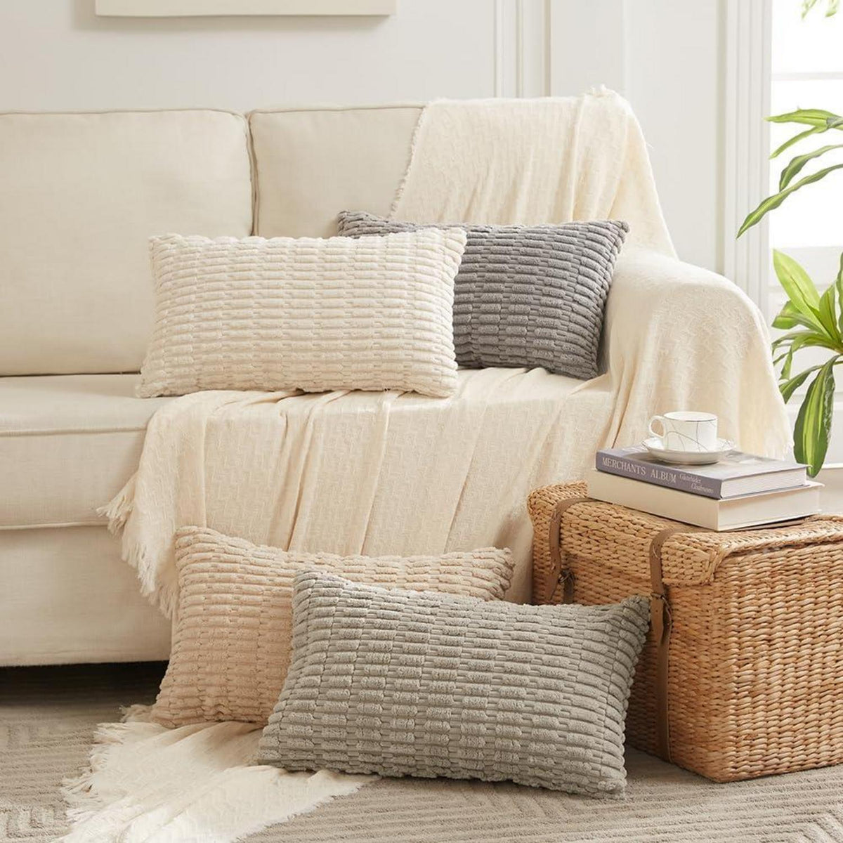 4er Set Boho Kissenbezüge 40x60 Kordsamt Grau Taupe Beige
