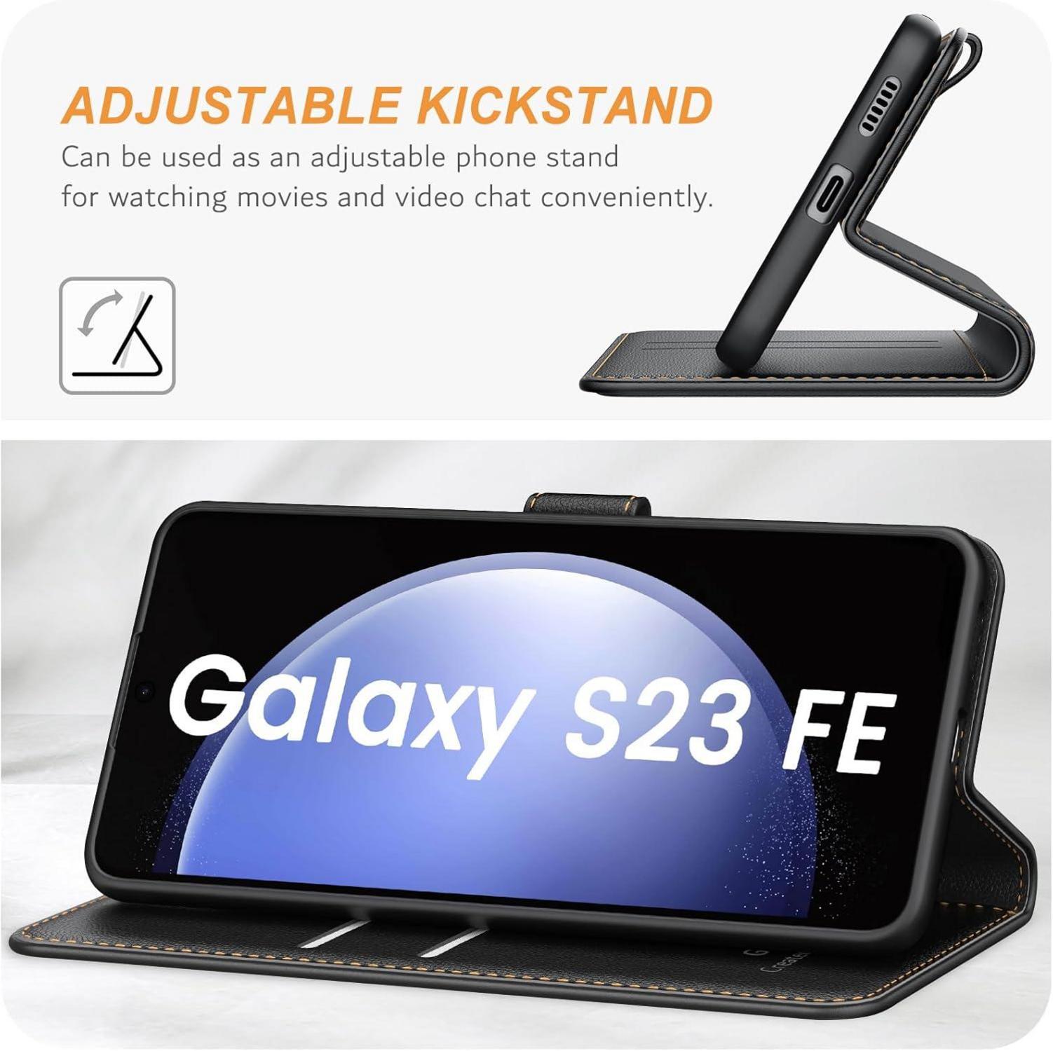 Handyhülle Samsung Galaxy S23 FE Leder Klapphülle Schwarz Magnet Standfunktion