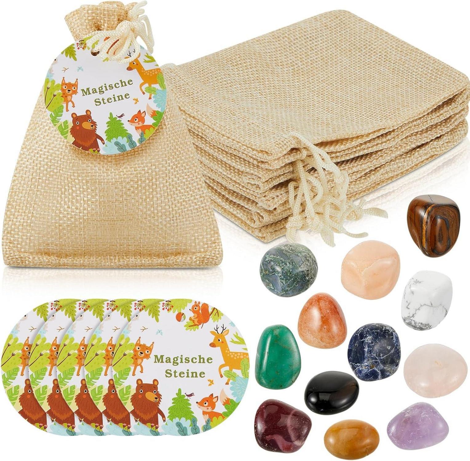 12er Set Glückssteine mit Jutesäckchen und Anhängern Waldtiere