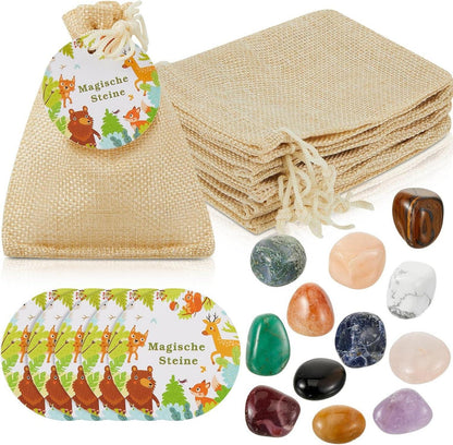 12er Set Glückssteine mit Jutesäckchen und Anhängern Waldtiere