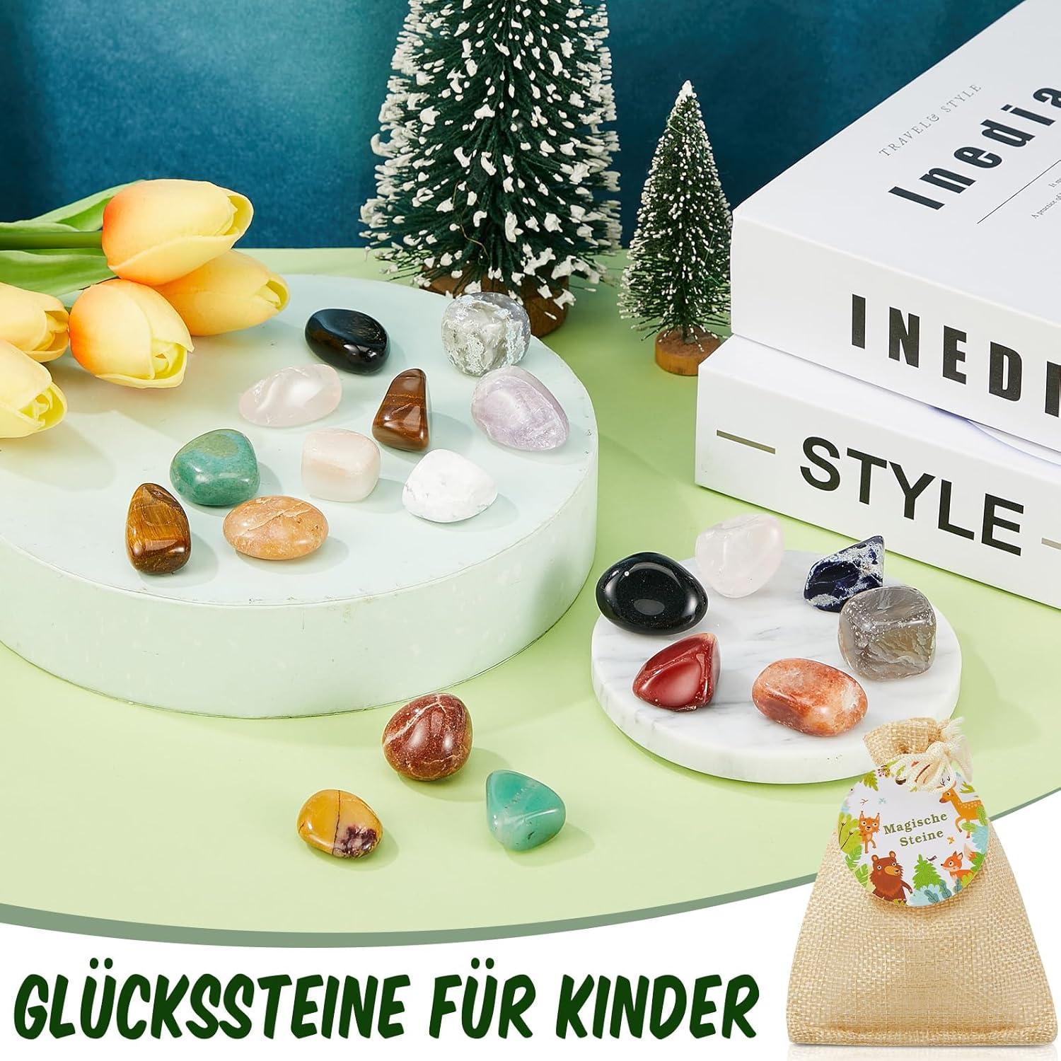 12 Stück Glückssteine für Kinder mit Jutesäckchen - Waldtiere Party Mitgebsel