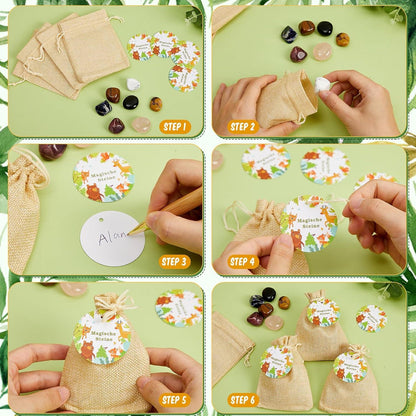 12er Set Magische Glückssteine mit Jutesäckchen und Waldtier Etiketten