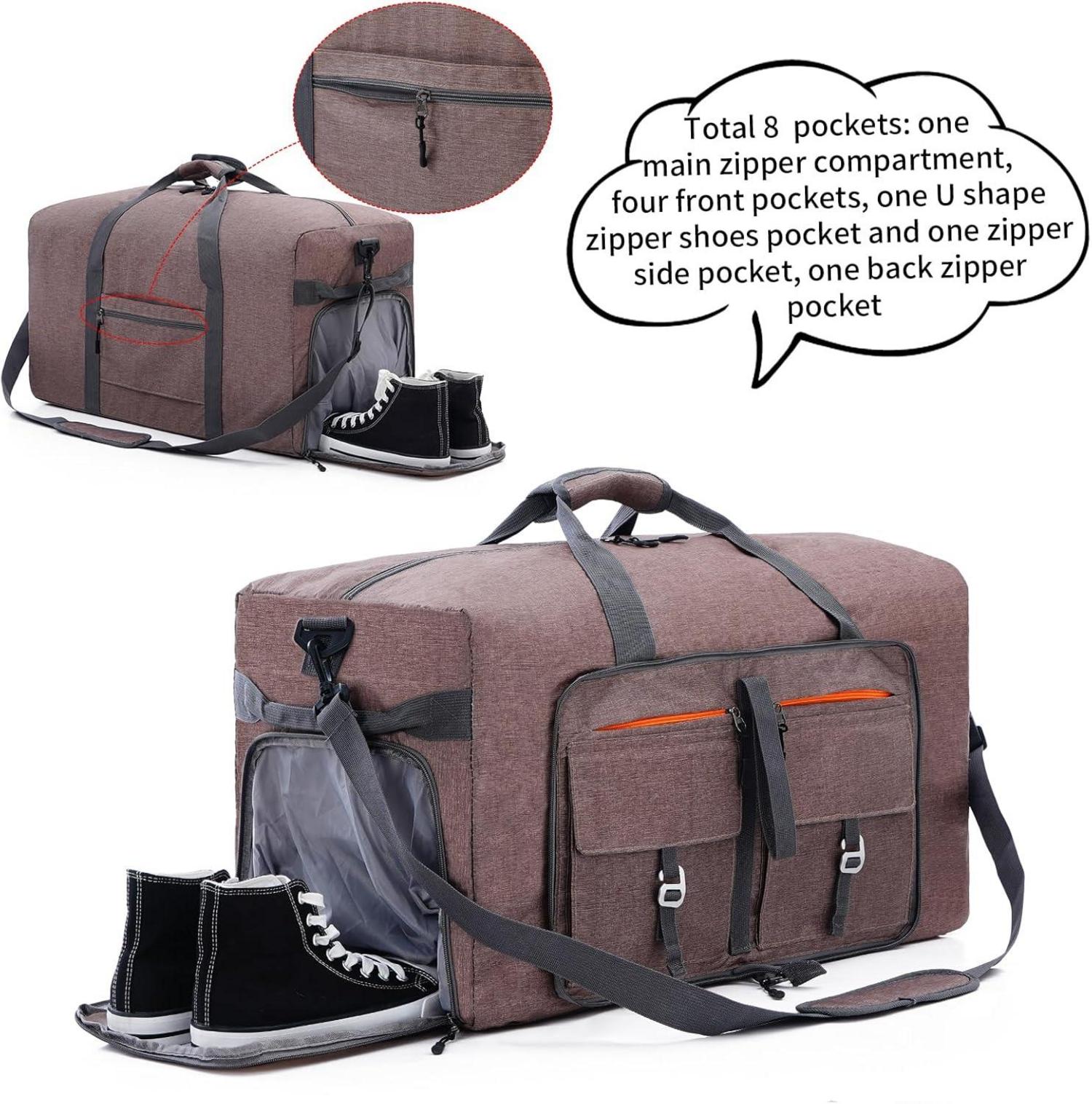 Vomgomfom 65L Faltbare Reisetasche Sporttasche mit Schuhtasche Braun