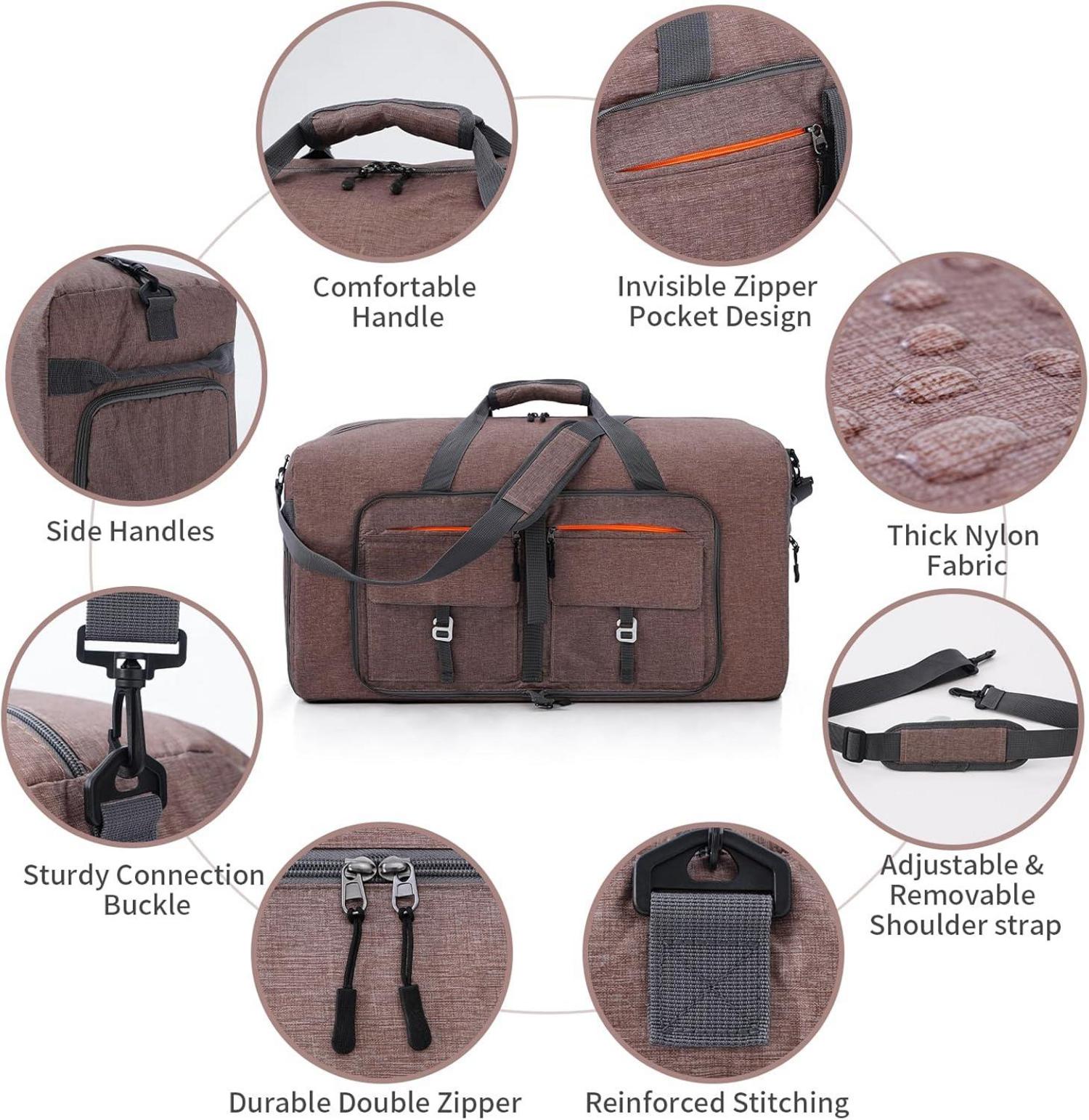 Faltbare Reisetasche 65L Sporttasche mit Schuhtasche Braun Unisex