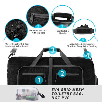 Faltbare Reisetasche 65L mit Kulturbeutel und Schuhtasche, Schwarz