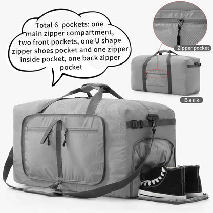 65L Faltbare Reisetasche Sporttasche Grau mit Kulturbeutel
