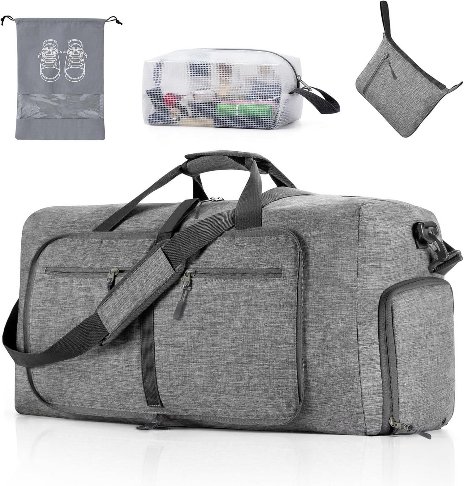 Faltbare Reisetasche mit Kulturbeutel und Schuhbeutel, 65L, Grau
