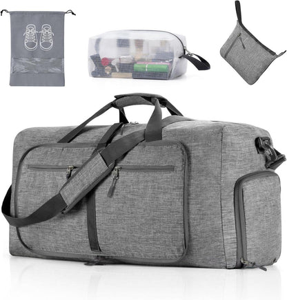 Faltbare Reisetasche mit Kulturbeutel und Schuhbeutel, 65L, Grau