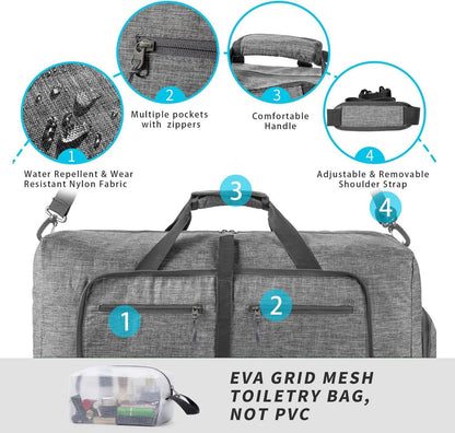 Faltbare Reisetasche mit Kulturbeutel und Schuhbeutel, 65L, Grau