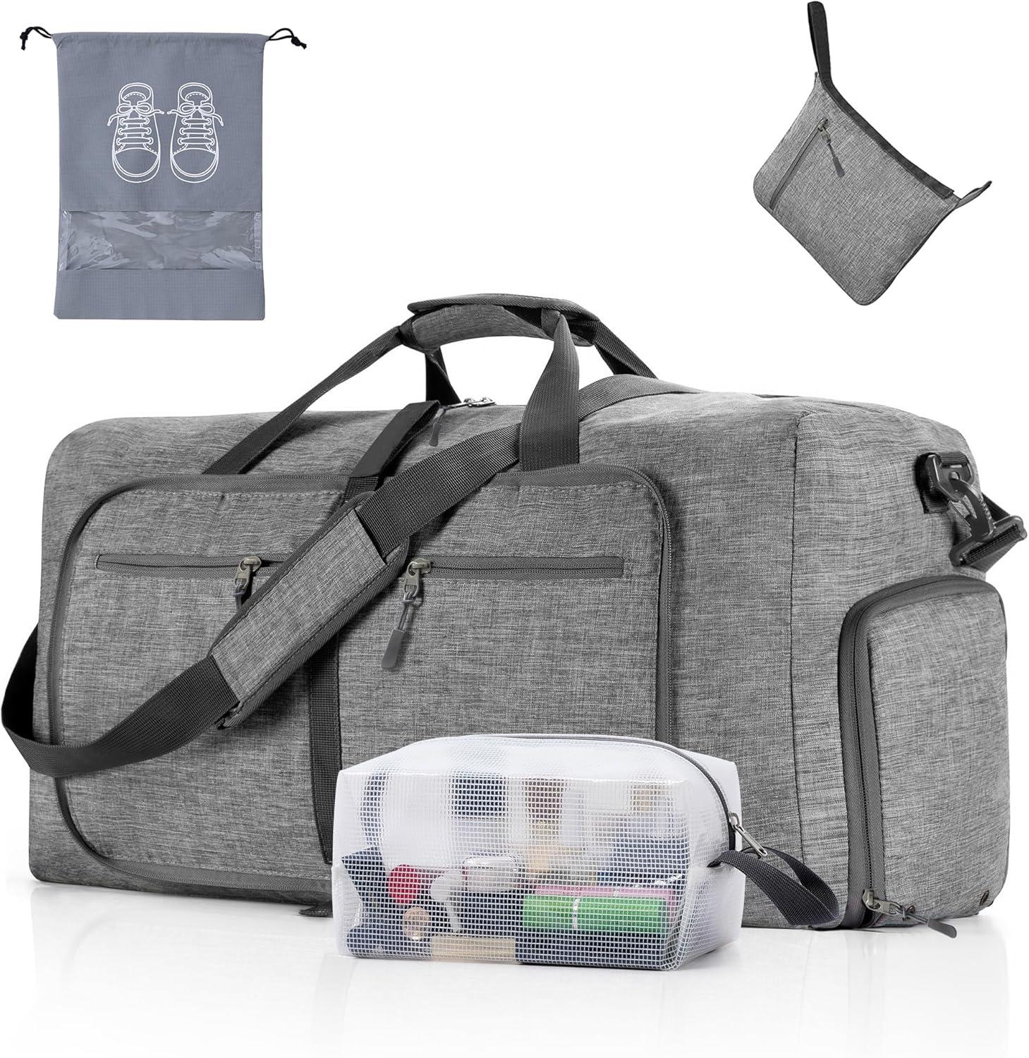 Große faltbare Reisetasche, Sporttasche 65L Grau mit Kultur- & Schuhbeutel