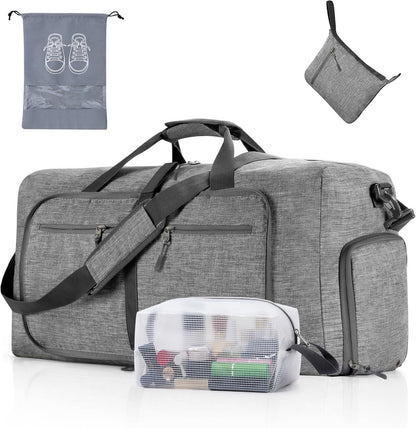 Große faltbare Reisetasche, Sporttasche 65L Grau mit Kultur- & Schuhbeutel