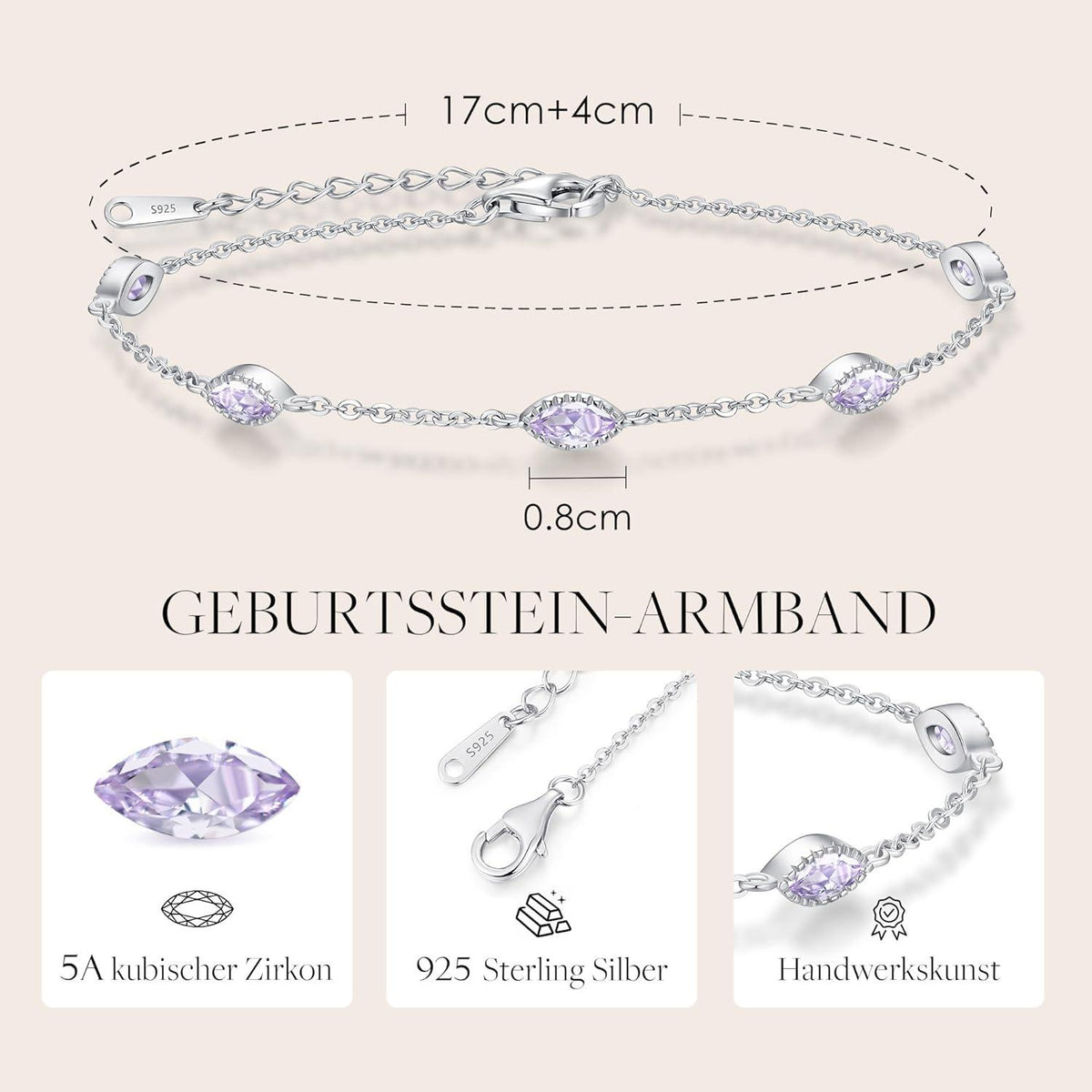 Pferdeaugen Armband Damen 925 Sterling Silber Zirkonia Gold Verstellbar Geburtsstein Weihnachtsgeschenk