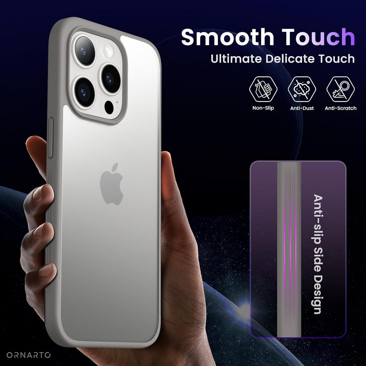 ORNARTO iPhone 15 Pro Hülle Matt Anti-Rutsch Hardcase Schutzhülle 6,1 Zoll grau