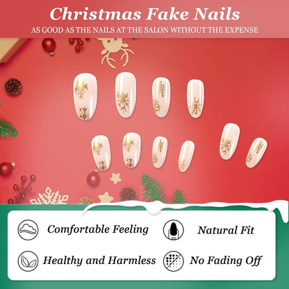 24 Stück Weihnachten Press on Nails Gold Schneeflocke French Acryl