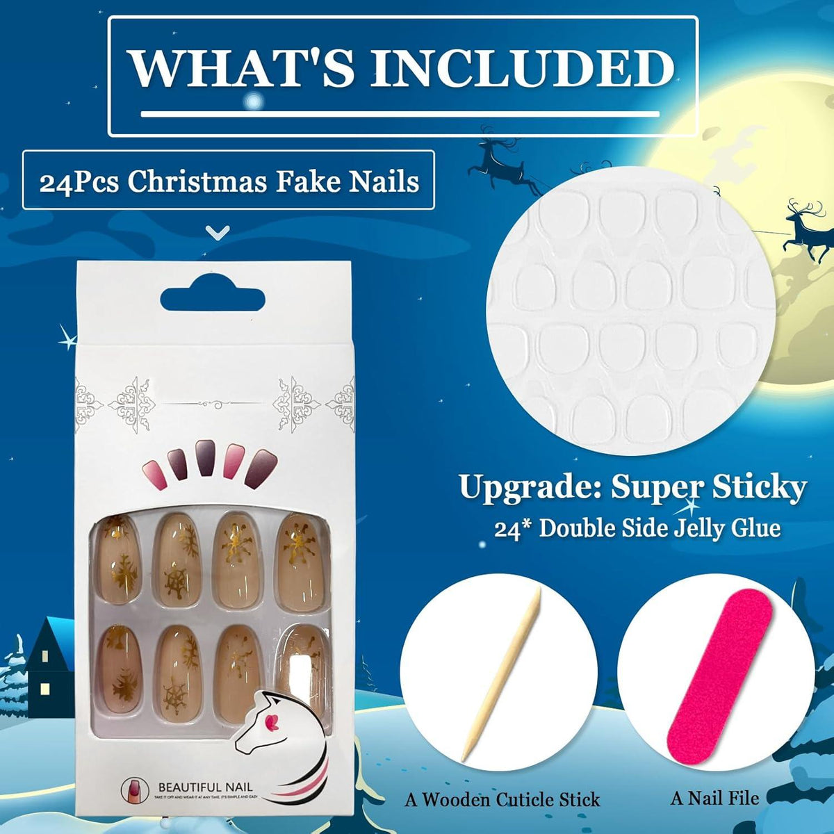 24er Weihnachts Press on Nails Mandel Gold Schneeflocke Acryl Fake Nägel