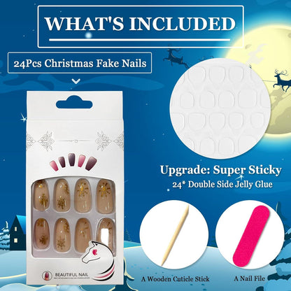 24er Weihnachts Press on Nails Mandel Gold Schneeflocke Acryl Fake Nägel