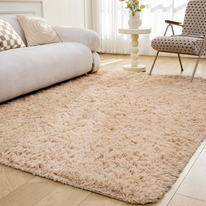 Shaggy Wohnzimmer Teppich waschbarer Antirutsch Kunstpelz Beige