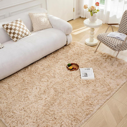 Großer Shaggy Teppich Beige Flauschiger Antirutsch Teppich