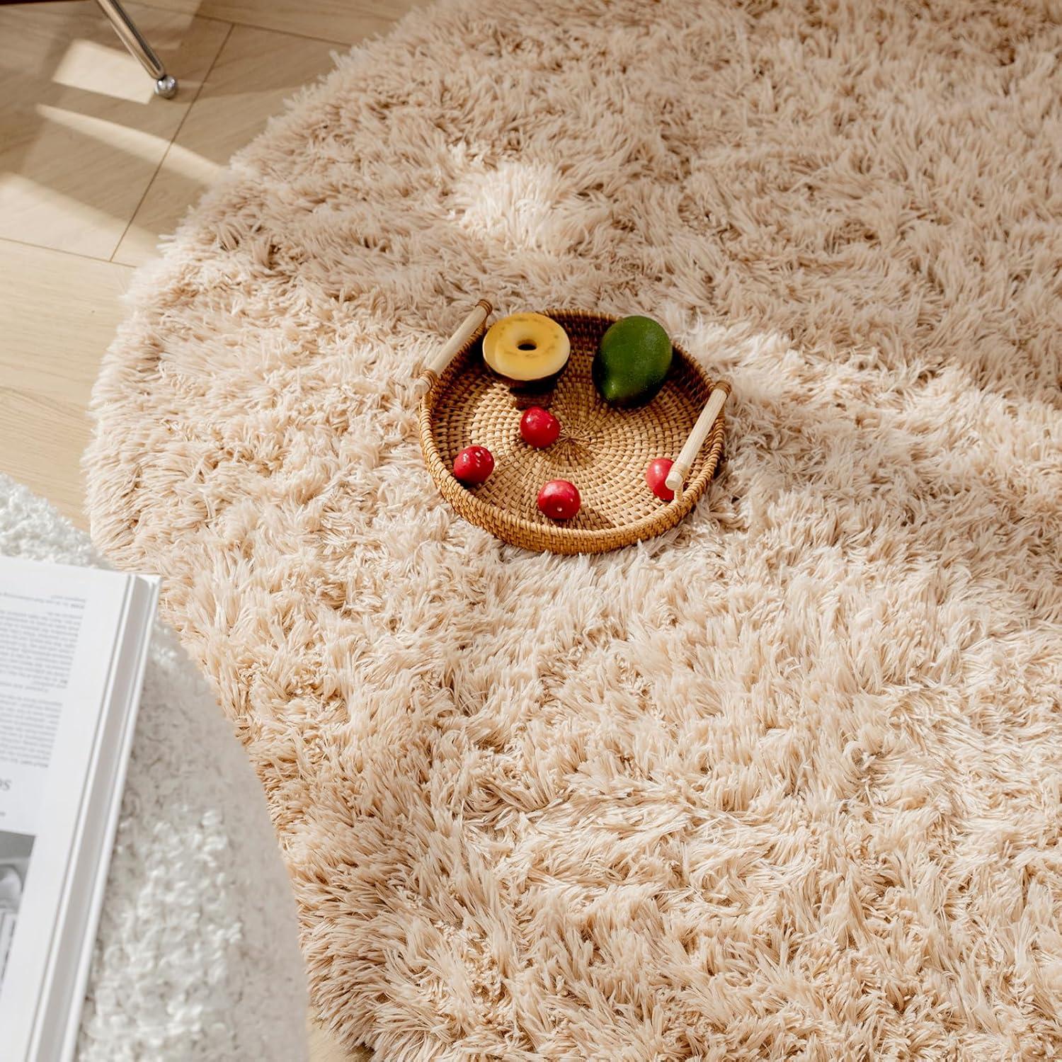 Hochflor Teppich Antirutsch Kunstpelz Rund Beige 120cm