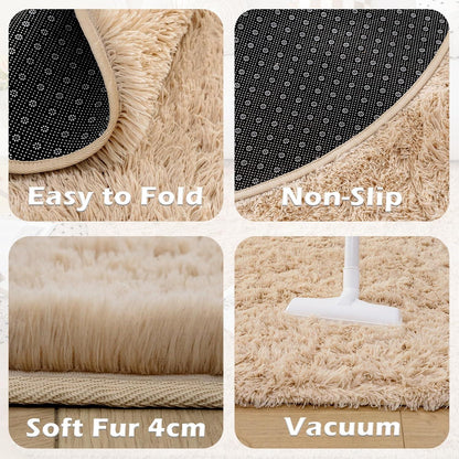 Weicher Shaggy Teppich Beige Groß Rund Antirutsch Schlafzimmer Wohnzimmer