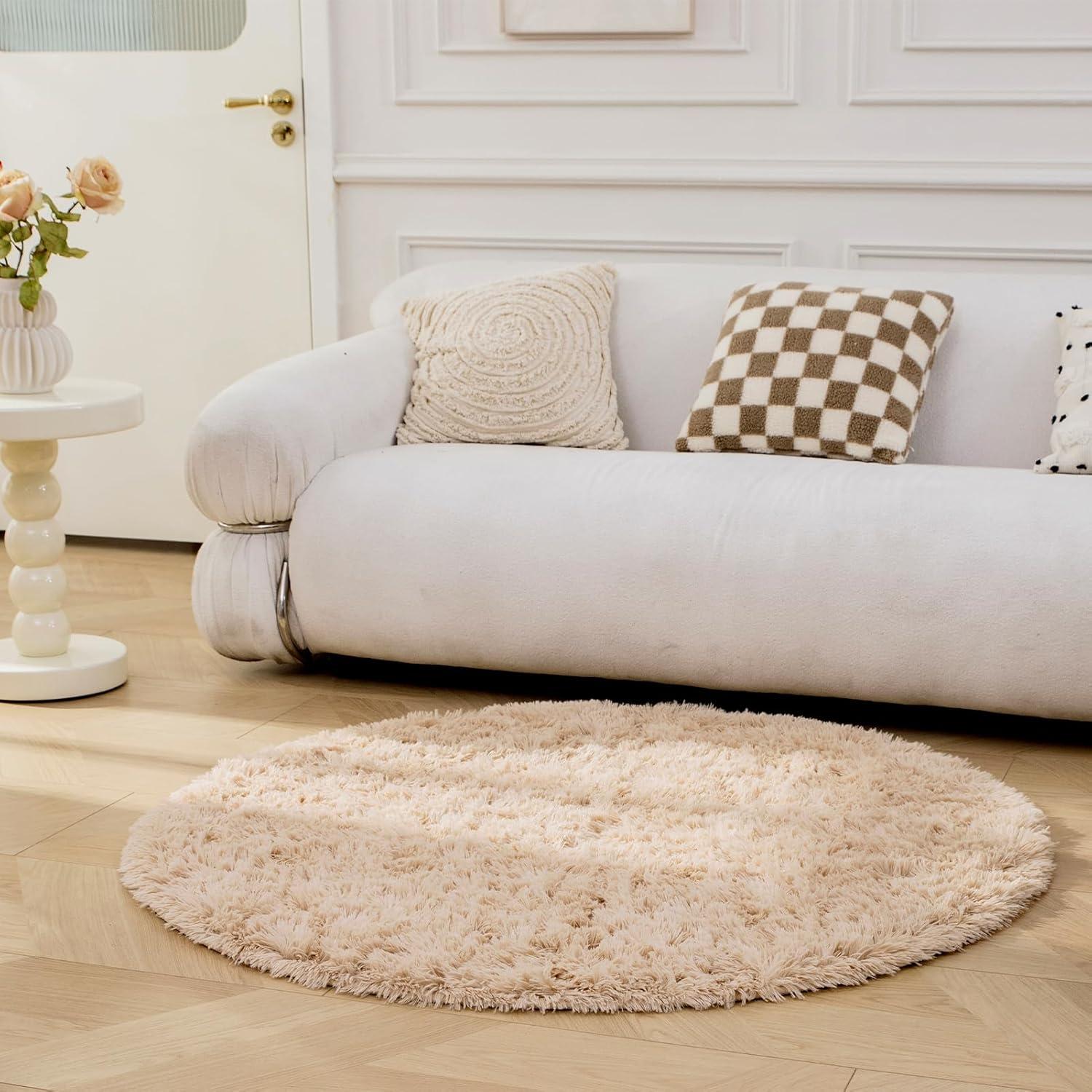 Großer OMERAI Shaggy Teppich, superweich, antirutsch, waschbar - Beige 120cm Rund