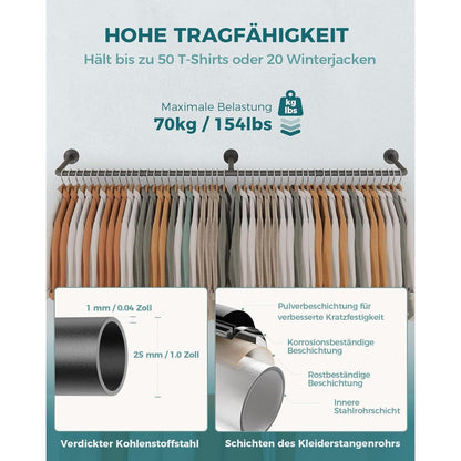 Industrielle Rohr Kleiderstange 2er Set, 167cm Wandmontage Schwarz