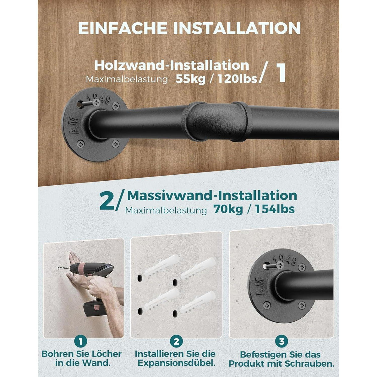 Industrielle Rohr Kleiderstange 2er Set, 167cm Wandmontage Schwarz