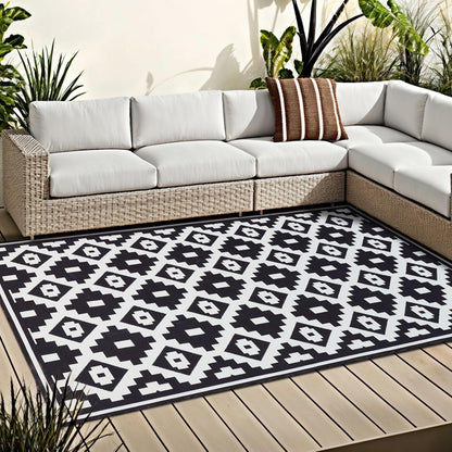 Großer Wetterfester Schwarz-Weiß Teppich 180x270cm In-& Outdoor Modern Rutschfest & Waschbar