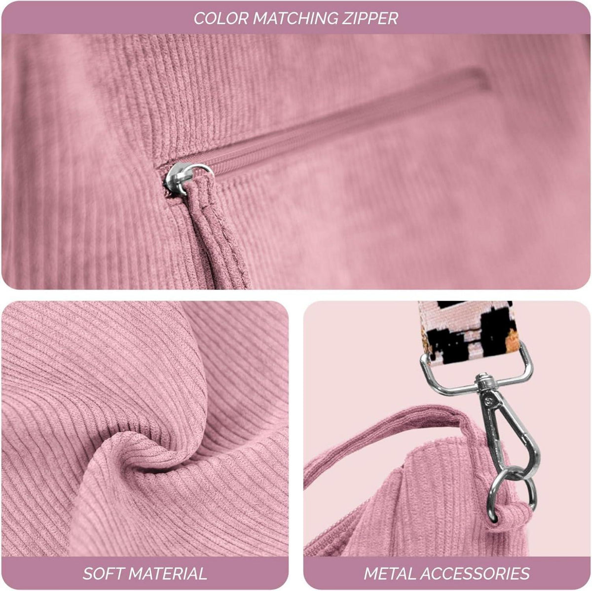 Damen Umhängetasche Cord Shopper Tasche Reißverschluss Gurt Rosa