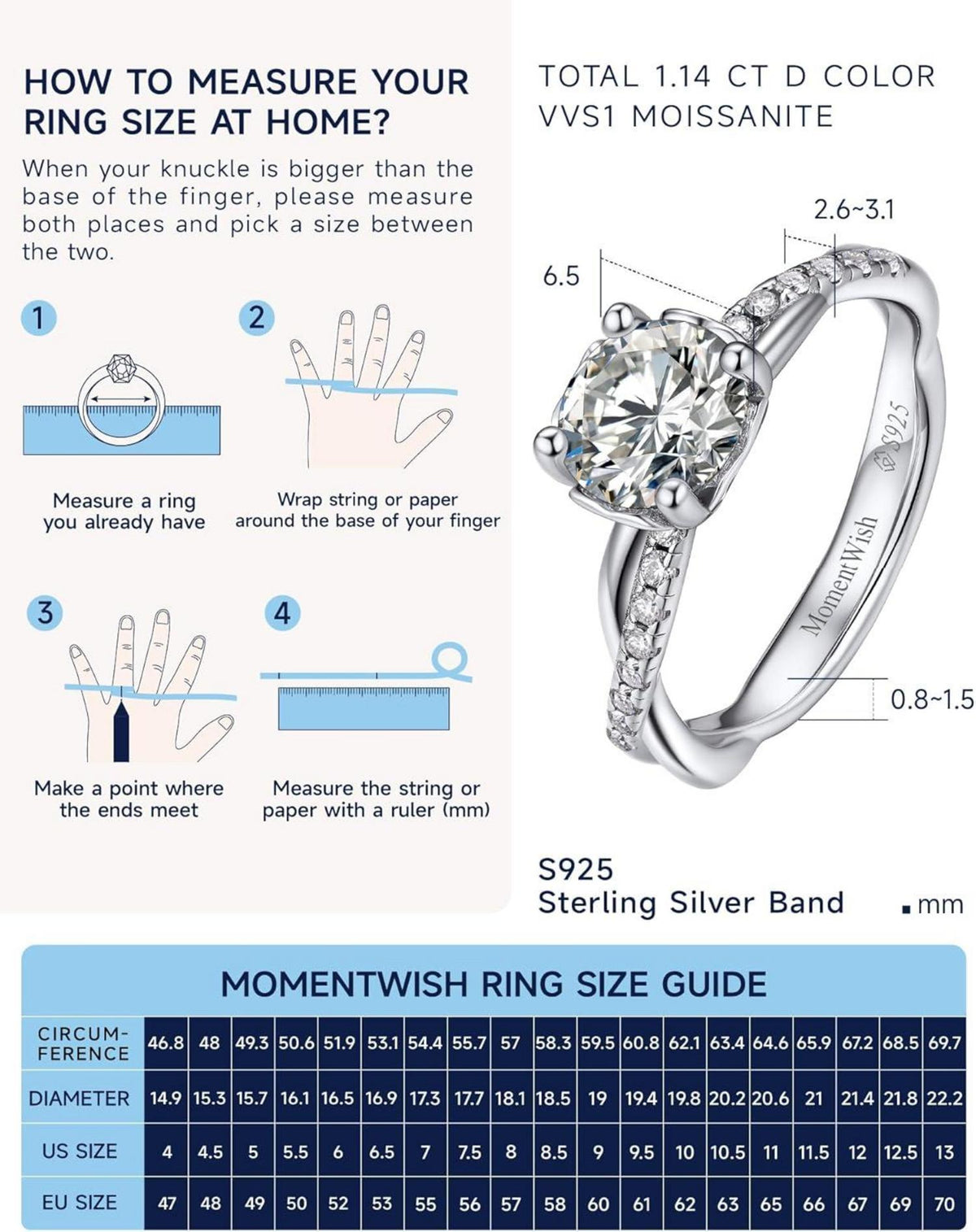Verlobungsring Damen 1 Karat Moissanite Silber 925 Geschenk für sie