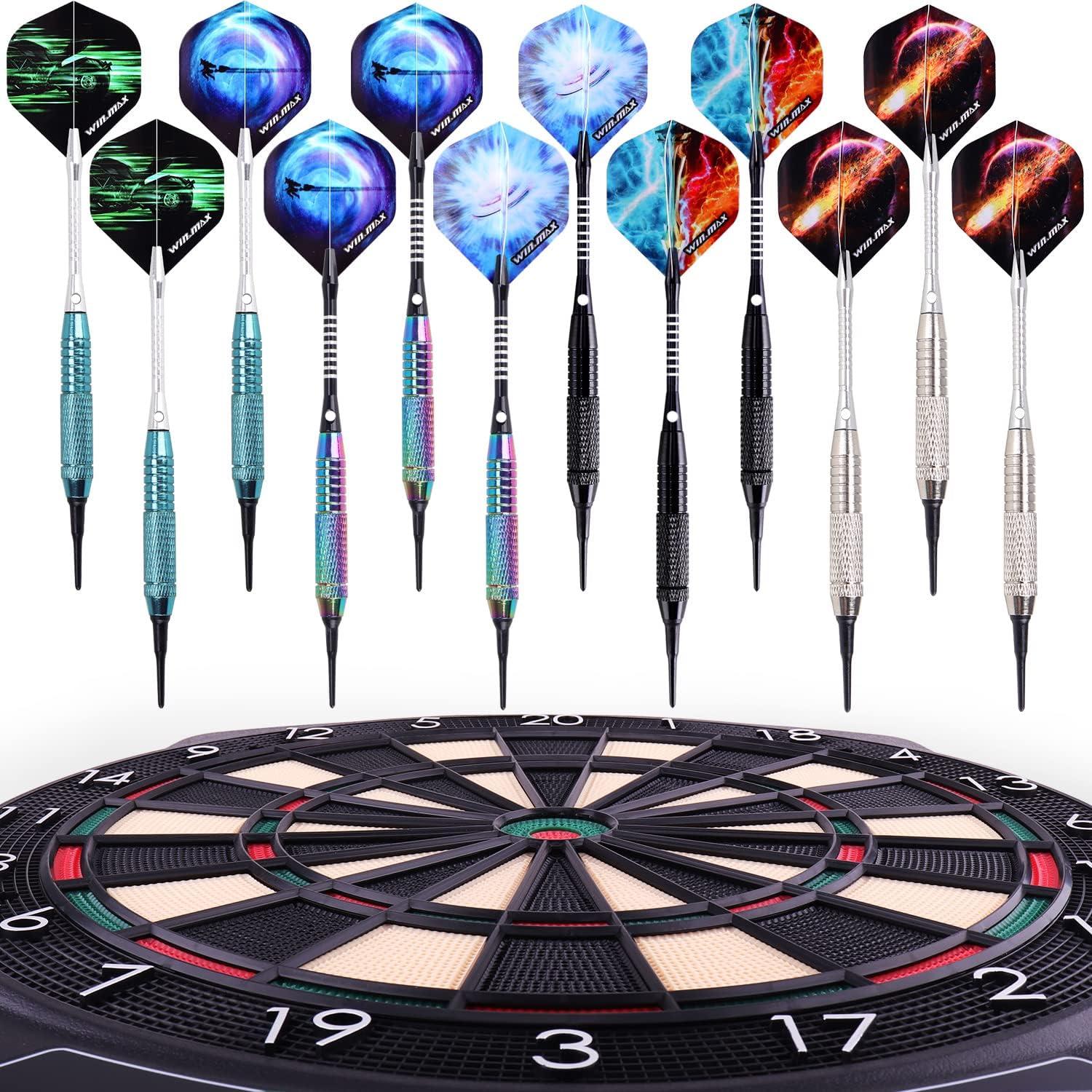 WIN.MAX Profi Softdarts 12er Set Regenbogen/Blau/Schwarz/Splitter