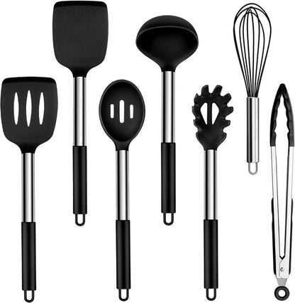 Silikon Küchenutensilien Set Edelstahlgriff Schwarz Hitzebeständig 7
