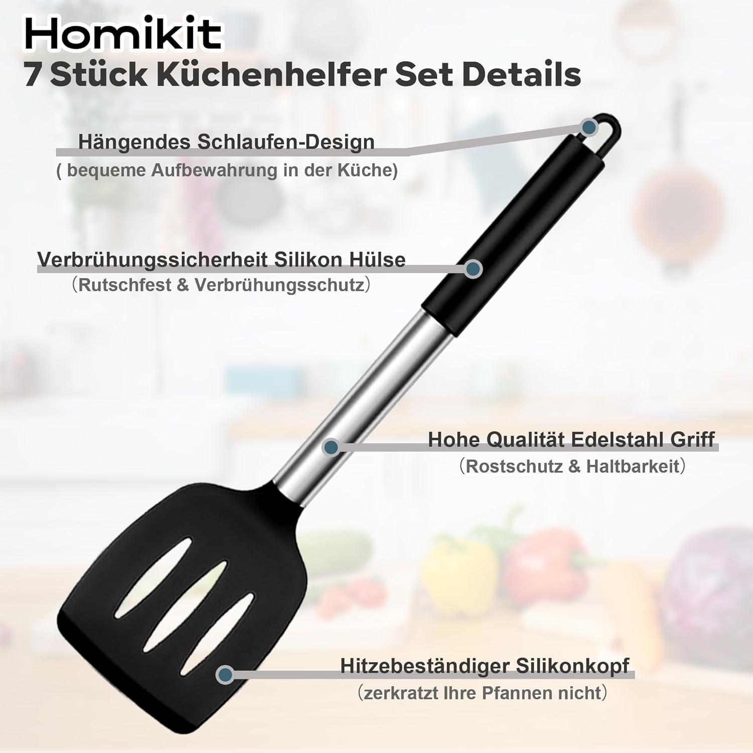 Silikon Küchenutensilien Set Edelstahlgriff Schwarz Hitzebeständig 7