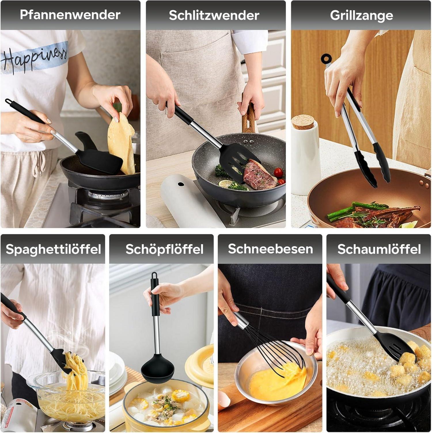 Homikit 7-teiliges Silikon Küchenhelferset Schwarz Edelstahl Hitzebeständig
