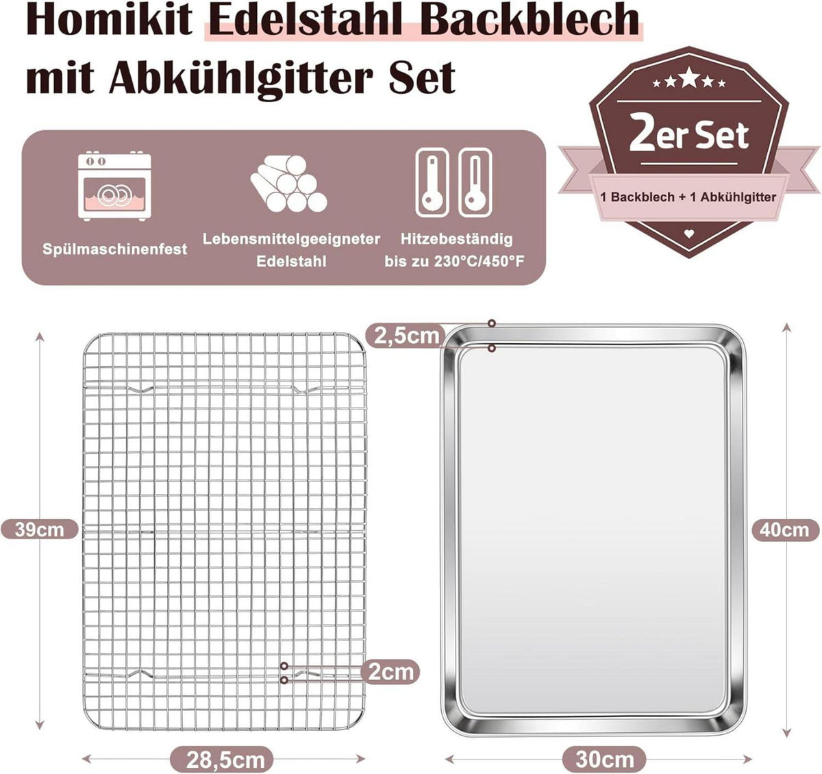 Homikit Backblech mit Abkühlgitter aus Edelstahl 40x30x2,5cm