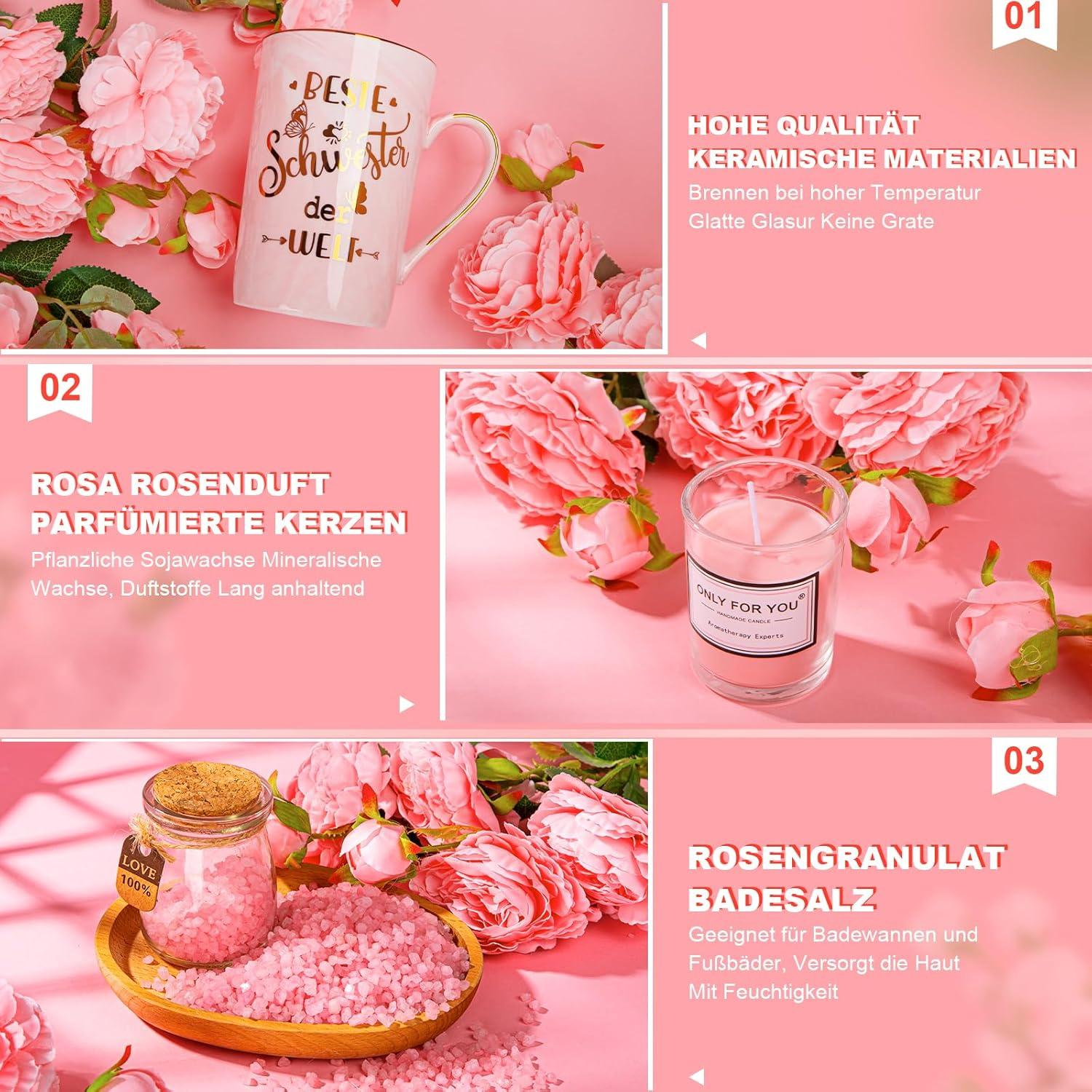 ALBISS Schwester Geschenkset Kaffeetasse Spa-Badeset Rose