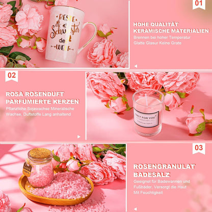 ALBISS Schwester Geschenkset Kaffeetasse Spa-Badeset Rose