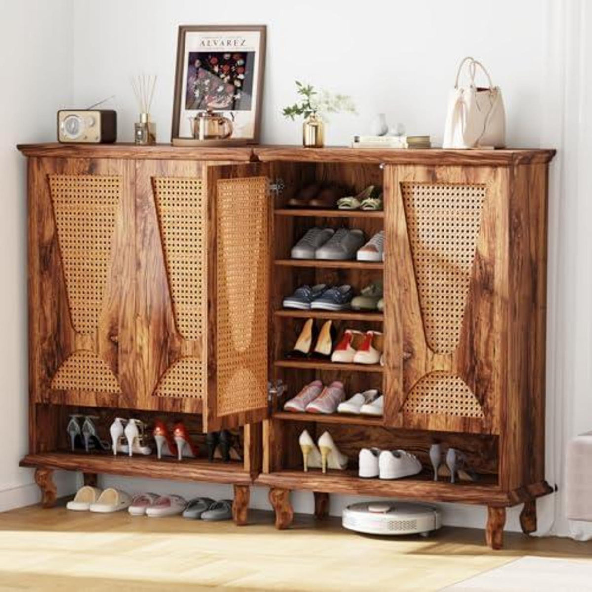 Rattan Schuhschrank mit 2 Türen – 75x37x110cm – 7-stöckig