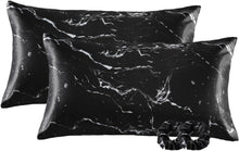 Satin Kissenbezug 2er Set Schwarz Marmor 40x80 mit Haargummis