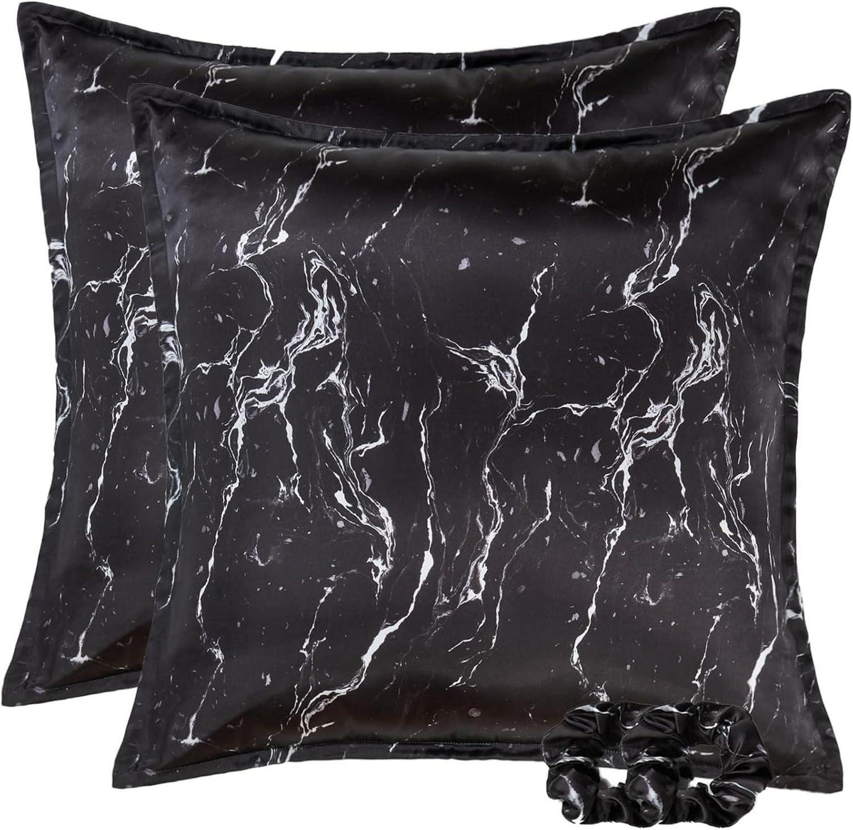 Satin Kissenbezug 80x80 Schwarz Marmor Set 2 Haargummis