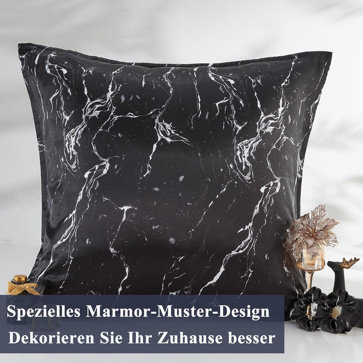 Satin Kissenbezug 80x80 Schwarz Marmor Set 2 Haargummis