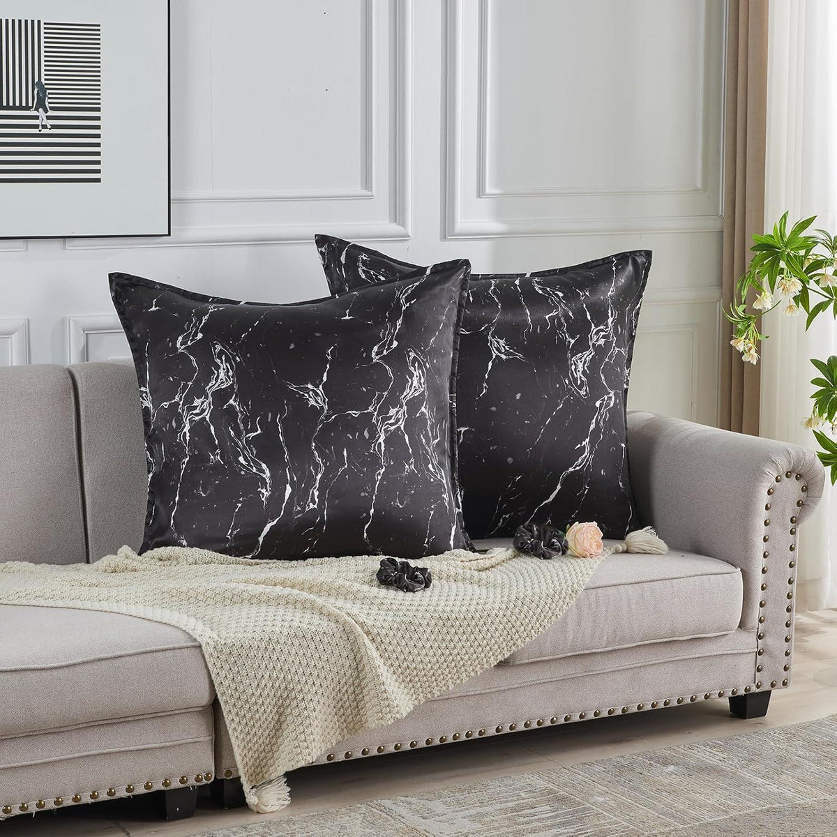 Satin Kissenbezug 80x80 Schwarz Marmor 2 Stück mit Haargummis