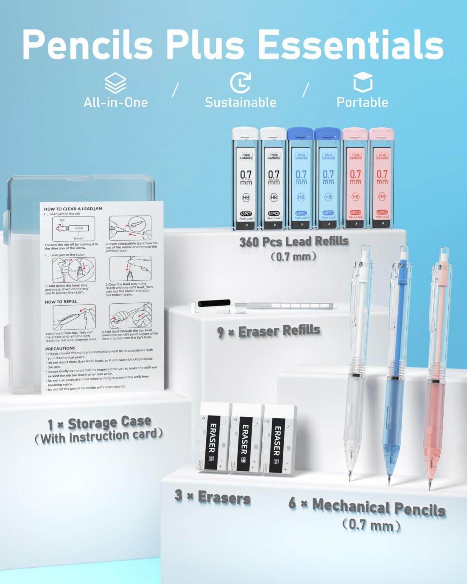 Mechanisches Bleistiftset 0,7 mm: 3 Stifte, 360 Minen, 9