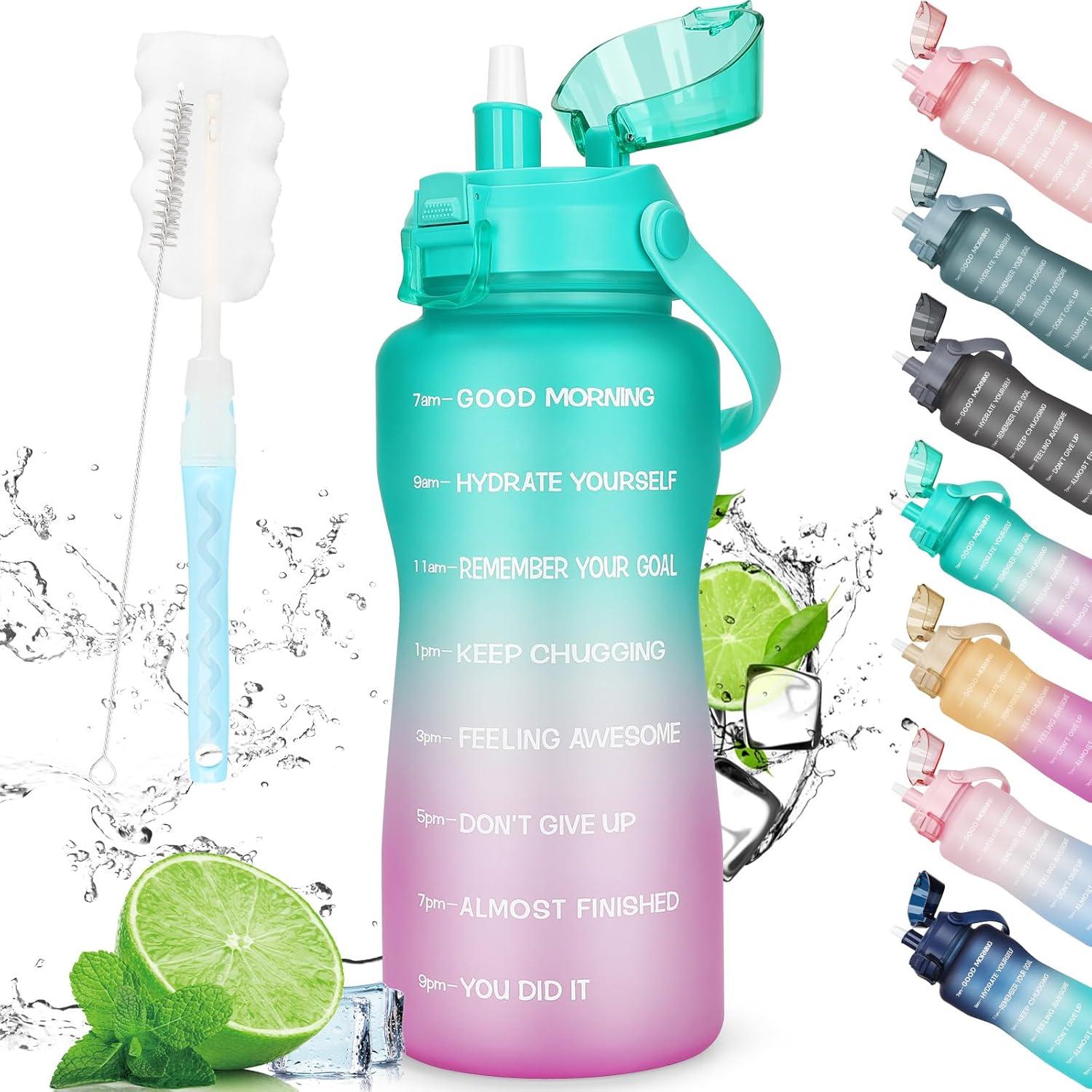 Trinkflasche mit Strohhalm und Zeitmarkierung BPA-frei 2l yoga fitness
