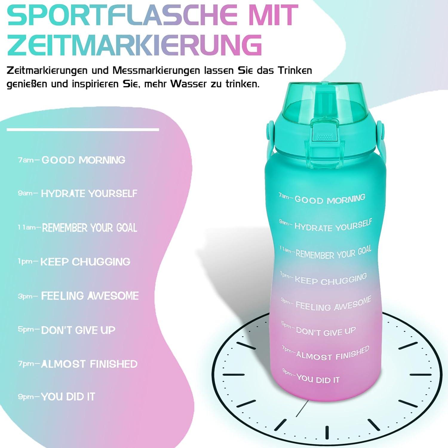 Trinkflasche mit Strohhalm und Zeitmarkierung BPA-frei 2l yoga fitness