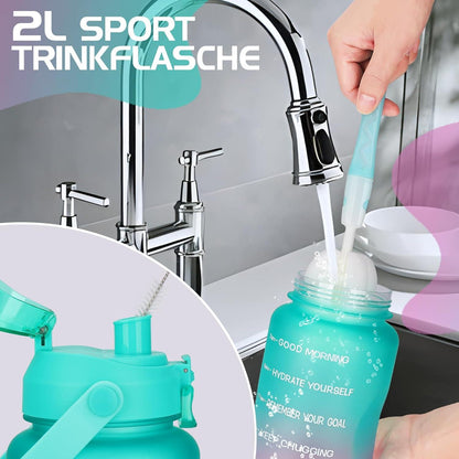Trinkflasche 2l mit Strohhalm und Zeitmarkierung, BPA-frei Grün Rosa